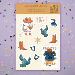 Cowboy Cat Sticker Sheet | Cute 4x6 Kiss-Cut Stickers for Planners, Journals, Scrapbooks, Notebooks, Glossy Finish
