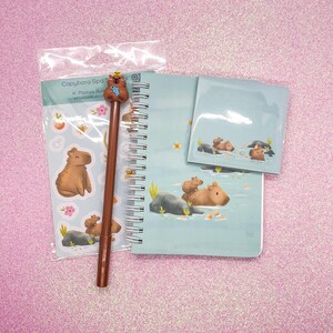 Capybara Stationery Set | 4-Piece Kawaii Journal Bundle with Stickers, Notebook, Pen & Sticky Notes, Cute Cozy Animal Planner Gift