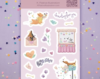 May include: A sheet of stickers featuring adorable cartoon dogs with hearts, flowers, and messages like "howling for you" and "Doggie Kisses". The stickers are perfect for adding a touch of whimsy to journals, laptops, or water bottles.