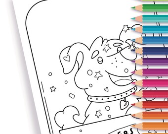 Chien avec des autocollants à colorier | Feuille de coloriage numérique imprimable pour enfants et adultes