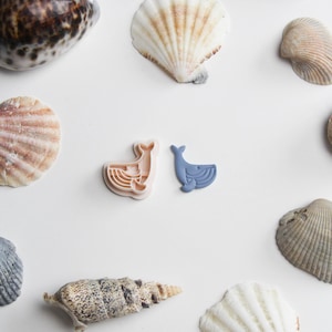 Op de afbeelding: Een set van twee koekjesvormen, een in de vorm van een walvis en de andere in de vorm van een zeehond. De walvisvorm is blauw en de zeehondvorm is roze. De vormen zijn omringd door schelpen.