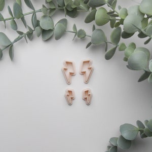 May include: Four pink plastic lightning bolt cookie cutters of varying sizes on a white background with green eucalyptus leaves.