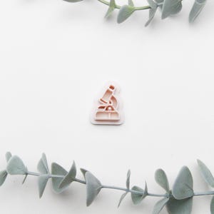 Peut inclure: Un emporte-pièce en plastique blanc en forme de microscope. L'emporte-pièce est sur un fond blanc avec des feuilles d'eucalyptus vertes de chaque côté.