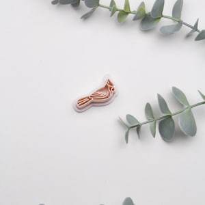 May include: A pink plastic cookie cutter shaped like a cardinal bird. The cutter is on a white background with eucalyptus branches.