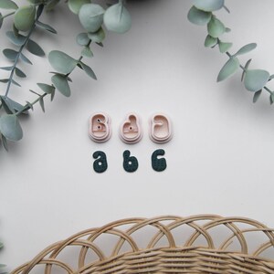 May include: A flat lay shows three pink letter-shaped cookie cutters and three dark green letters spelling "B", "a", and "c". Eucalyptus branches and a woven basket are in the background, creating a natural aesthetic.
