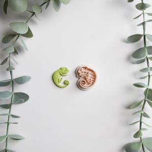 May include: Two cookie cutters, one green and one pink, shaped like a chameleon. The cutters are on a white background.