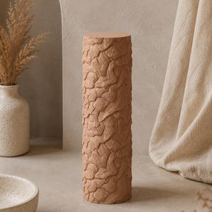 May include: A tall, cylindrical display pedestal featuring a textured, terracotta-colored surface with an irregular, raised pattern resembling cracked earth or stone. The top and bottom edges are flat, providing a stable base for this decorative object.
