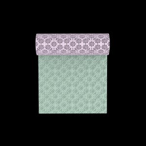 May include: A roll of floral patterned paper. The rolled portion is light purple with dark purple flowers. The unrolled portion is light green with a darker green floral pattern. The background is black.