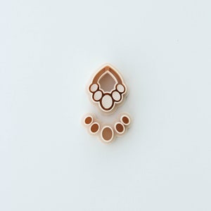 May include: A set of two plastic cookie cutters in the shape of a necklace. The top cutter has a larger circle in the centre with smaller circles around it. The bottom cutter has five smaller circles in a curved line.