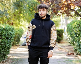 Streetwear Hoodie - Spezielles Design Schwarzer Hoodie Geprägte Ärmel und Hoodie Detail Langarm Oversize Hoodie - Geschenk für Freund
