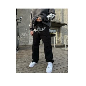 y2k Streetwear Black Cargo Pants-  Bat Print Cargo Pants - Baggy Style Cargo Pants - Harajuku - Y2K Style - Y2K Fashion Design - Unisex Pant