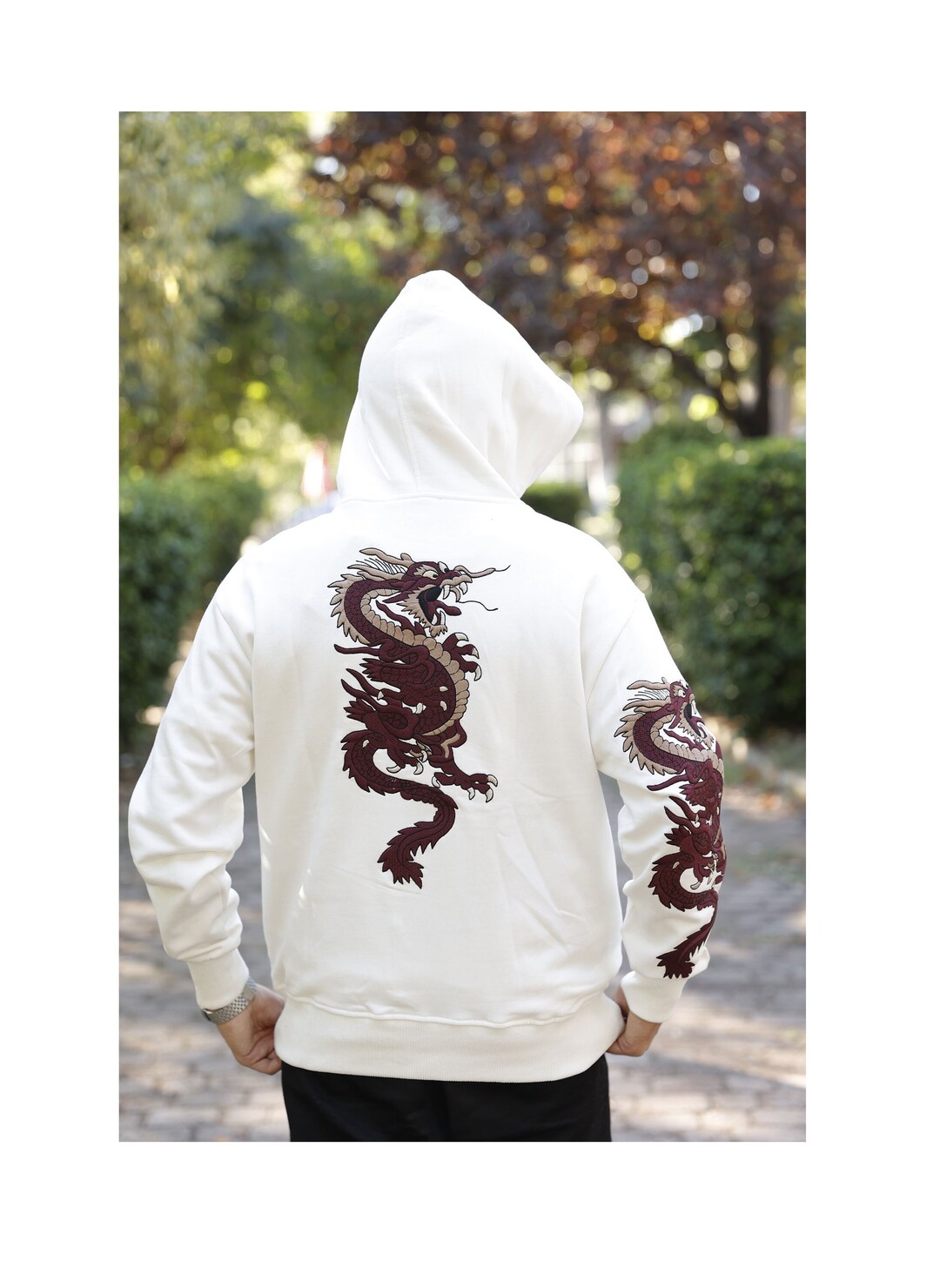 Streetwear Hoodie Dragon Embroidered White Hoodie With Back and Sleeve