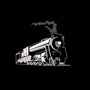 May include: A black and white illustration of a steam locomotive train with smoke coming from the chimney.