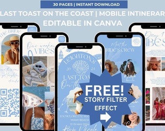 Last Toast on The Coast Bachelorette Weekend Itinerary Editable Template | Coastal bachelorette Weekend Canva Invite|