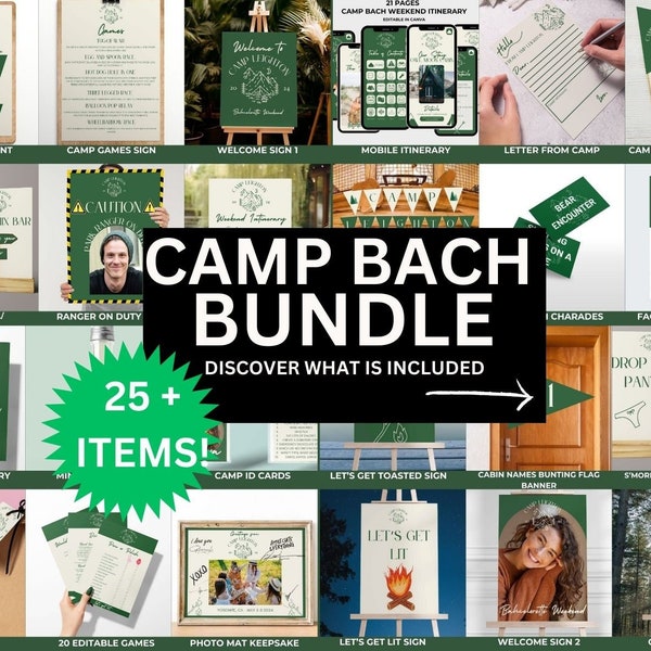 Camp Bachelorette Party Bundle Editable Templates | Last trail before de veil Party Favors| Survival Kit Tag| Camp Rules| invite & Itinerary