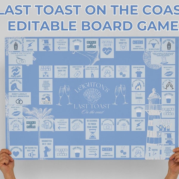 Last Toast on the Coast Bachelorette Editable Party Games  |Coastal bachelorette Weekend | Coastal Grandma Bach Board Drinking Game |Seaside