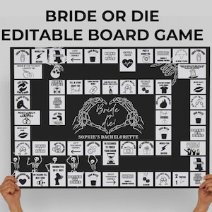 Puede incluir: Un juego de mesa en blanco y negro con un tema de esqueleto de novia y novio. El juego se llama "Bride or Die" y es editable. El tablero tiene una variedad de casillas con diferentes desafíos y reglas que los jugadores deben seguir.