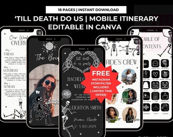 Bride or Die Bachelorette Mobile Itinerary| Til Death Do Us Party Bachelorette Templates|Hens Party Editable Canva |RIP to single Life Bach