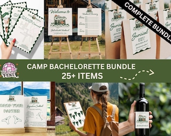 Camp Bachelorette Party Bundle Editable Templates | Last trail before de veil weekend trip| Survival Kit Tag| Camp Rules| invite & Itinerary