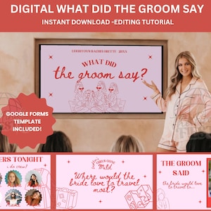 以下が含まれることがあります： 花嫁の友人のためのデジタルゲームで、テキストは「新郎は何と言った？」で、背景はピンクです。このゲームには、Googleフォームのテンプレートが含まれています。このゲームは画面でプレイするように設計されており、花嫁と新郎に関する質問が含まれています。