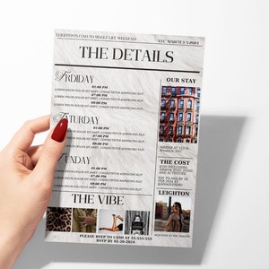 May include: A newspaper-style invitation for a weekend getaway to New York City. The invitation includes details about the trip, including the dates, times, and cost. It also includes a photo of a building in New York City and a photo of a woman wearing a stylish outfit.