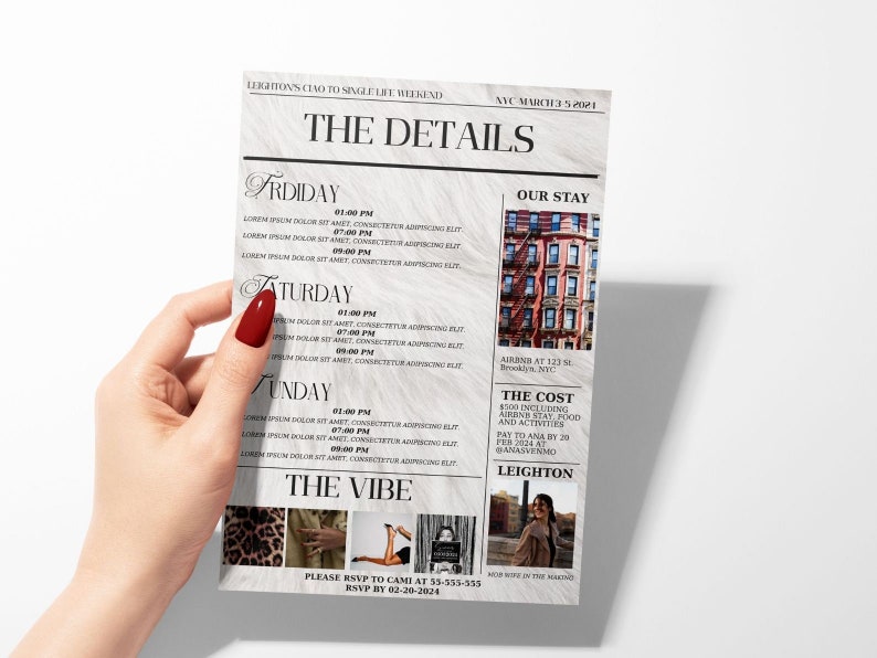May include: A newspaper-style invitation for a weekend getaway to New York City. The invitation includes details about the trip, including the dates, times, and cost. It also includes a photo of a building in New York City and a photo of a woman wearing a stylish outfit.