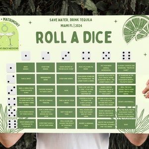 May include: A green and yellow game board with the text "Roll a Dice" and a lime wedge graphic. The board is divided into 36 squares with different game instructions written in each square. The instructions include drinking games, challenges, and dares.