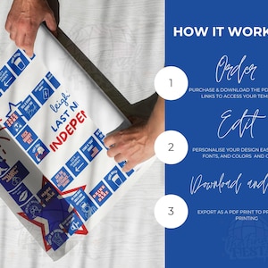May include: A white printable game board with red, white, and blue stars and stripes. The game board is titled "leigh last ni independen". The board is folded in half and being held by a person's hands. The image also includes instructions on how to order, edit, and download the game board.