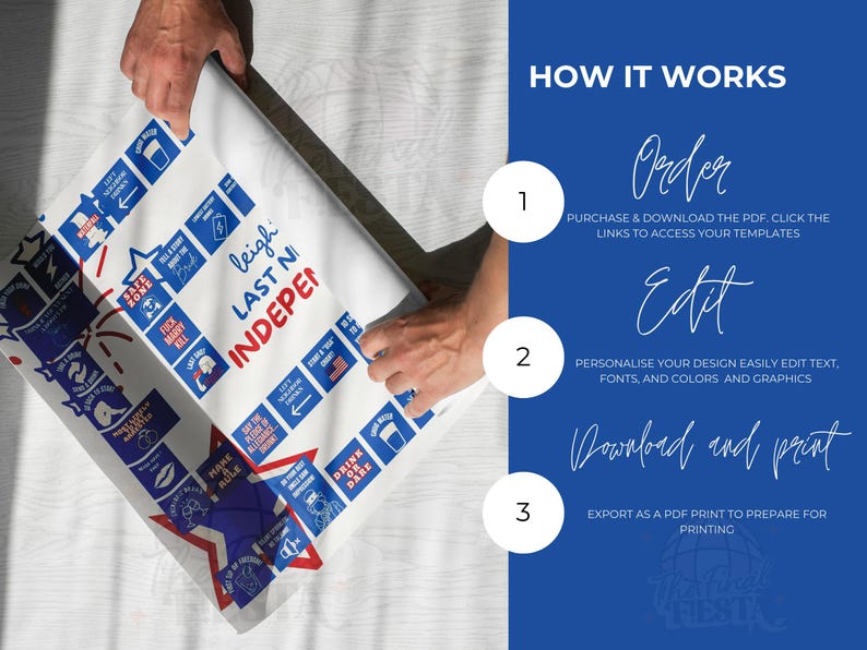 May include: A white printable game board with red, white, and blue stars and stripes. The game board is titled "leigh last ni independen". The board is folded in half and being held by a person's hands. The image also includes instructions on how to order, edit, and download the game board.