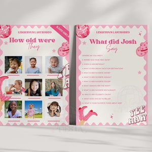 Puede incluir: Dos tarjetas de juego imprimibles rosas y blancas para una despedida de soltera. La primera tarjeta tiene una cuadr&iacute;cula de fotos y pregunta "&iquest;Qu&eacute; edad ten&iacute;an?" La segunda tarjeta tiene una lista de preguntas sobre la novia y pregunta "&iquest;Qu&eacute; dijo Josh?"