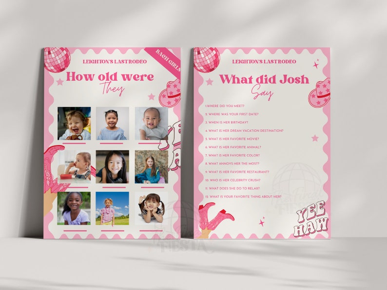 Puede incluir: Dos tarjetas de juego imprimibles rosas y blancas para una despedida de soltera. La primera tarjeta tiene una cuadr&iacute;cula de fotos y pregunta "&iquest;Qu&eacute; edad ten&iacute;an?" La segunda tarjeta tiene una lista de preguntas sobre la novia y pregunta "&iquest;Qu&eacute; dijo Josh?"