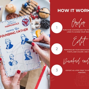 May include: A printable game card with a red, white, and blue theme. The card features a game called "Name the Founding Father" with images of four founding fathers. The card is part of a printable set for a 4th of July party.
