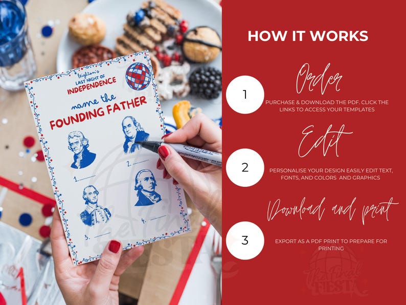 May include: A printable game card with a red, white, and blue theme. The card features a game called "Name the Founding Father" with images of four founding fathers. The card is part of a printable set for a 4th of July party.