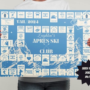 Peut inclure: Un plateau de jeu imprimable bleu et blanc avec le texte "Vail 2024 Leighton's Apres Ski Club" et diverses cases de jeu avec du texte et des icônes. Le plateau de jeu est conçu pour un jeu de boisson. Les tailles disponibles sont 18x24, 20x30, A4/A3.