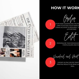May include: How to order, edit, and download a printable invitation template for a 'Mob Wife' themed party. The template is designed to look like a vintage newspaper with a photo of a woman in a black and white dress. The text on the template says 'Mob Wife' and 'Ciao to Single Life'.