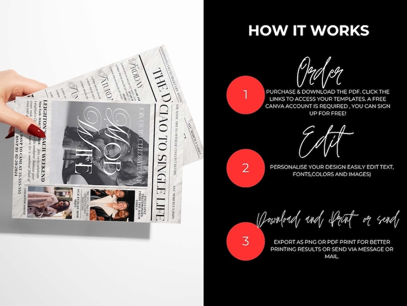 May include: How to order, edit, and download a printable invitation template for a 'Mob Wife' themed party. The template is designed to look like a vintage newspaper with a photo of a woman in a black and white dress. The text on the template says 'Mob Wife' and 'Ciao to Single Life'.