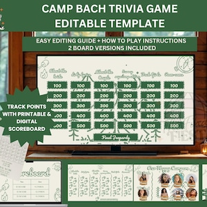 May include: A digital trivia game template for a bachelorette party, with the text "Camp Bach Trivia Game." The image shows a game board with categories and point values, plus a digital and printable scoreboard.