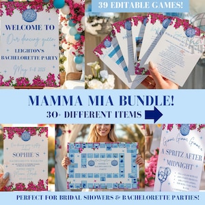 May include: A Mamma Mia themed party bundle with 39 editable games and 30+ different items. The bundle includes a welcome sign, a game board, and a variety of printable games. The design features a blue and white color scheme with floral accents.