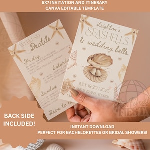 May include: A printable 5x7 inch invitation and itinerary template for a bachelorette or bridal shower. The template features a seashell and wedding bell design with a beige and brown color scheme. The text on the invitation reads "Leighton's Seashells & Wedding Bells" and "July 18-20, 2025 Amelia Island, Florida".