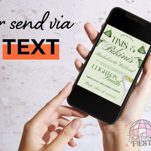 May include: A digital invitation on a smartphone screen for a bachelorette weekend in Miami, Florida. The invitation features a green watercolor illustration of a martini glass with olives and two green bikini tops. The text on the invitation reads "Join us for Tinis & Bikinis Bachelorette Weekend Leighton Smith March 22-24, 2024 | Miami, Florida RSVP Ava at xxxxx".