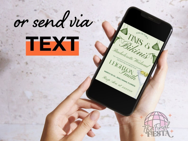 May include: A digital invitation on a smartphone screen for a bachelorette weekend in Miami, Florida. The invitation features a green watercolor illustration of a martini glass with olives and two green bikini tops. The text on the invitation reads "Join us for Tinis & Bikinis Bachelorette Weekend Leighton Smith March 22-24, 2024 | Miami, Florida RSVP Ava at xxxxx".