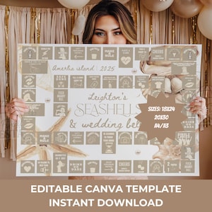 May include: A printable wedding game template with a seashell and wedding bell theme. The template is beige with white text and includes a variety of game prompts such as "Make a Rule", "Drink or Dare", and "Two Truths and a Lie". The template is available in sizes 18x24, 20x30, A4/A3.