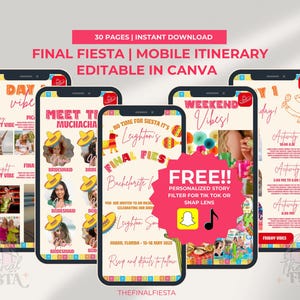 Puede incluir: Un itinerario móvil digital para una despedida de soltera con temática de fiesta. El itinerario incluye un cronograma de actividades, sugerencias de atuendos y un filtro de Snapchat personalizado. El texto en el itinerario dice "Final Fiesta" y "Leighton's Bachelorette Weekend".