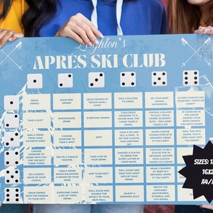 May include: A blue and white game board with the text "Lughton's Après Ski Club" printed on it. The board features a mountain scene with dice and squares containing drinking game challenges. The board is available in three sizes: 18x24, 16x20, and A4/A3.