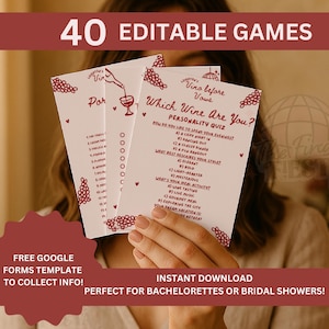 May include: A set of three white cards with red text and graphics, held by a person. The cards feature text like "Which Wine Are You?" and "40 Editable Games." The cards are designed for bachelorette parties or bridal showers.