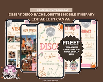 May include: Digital mobile itinerary template for a Desert Disco Bachelorette party. The design features a disco ball, desert landscape, and the text "Desert Disco" in pink. Includes a free personalized story filter.