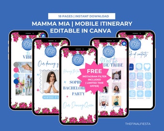 May include: A digital mobile itinerary for a bachelorette party with a disco ball theme. The itinerary is titled "Mamma Mia" and is editable in Canva. The itinerary includes a table of contents, a list of activities, and a free Instagram filter. The itinerary is designed to be used on a mobile device.