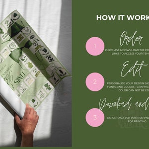 May include: A how-to guide for creating a printable game board. The guide includes three steps: order, edit, and download and print. The steps are numbered 1, 2, and 3 and are displayed in pink circles on a green background.