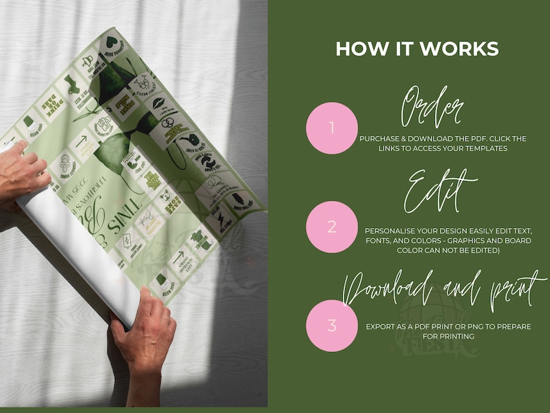 May include: A how-to guide for creating a printable game board. The guide includes three steps: order, edit, and download and print. The steps are numbered 1, 2, and 3 and are displayed in pink circles on a green background.