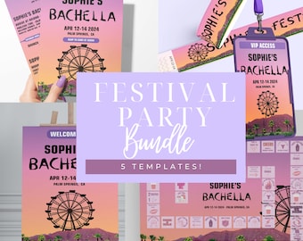 Music Festival Bachelorette Weekend Editable Bundle Template | Music Fest Vip Passes |Fest Wristbands| Bridal Weekend Itinerary| Party Games